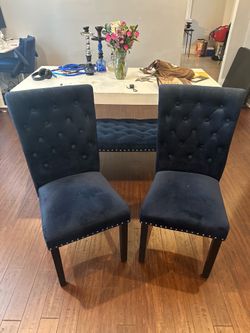 2 Navy Blue Velvet Tufted Dining Chairs & Bench