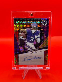 2025 Jordan Addison mosaic focus fusion red/yellow autograph football card