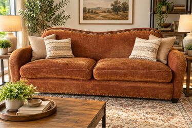 Elegant Rust Velvet Loveseat – Rolled Arms & Brass Nailhead Trim