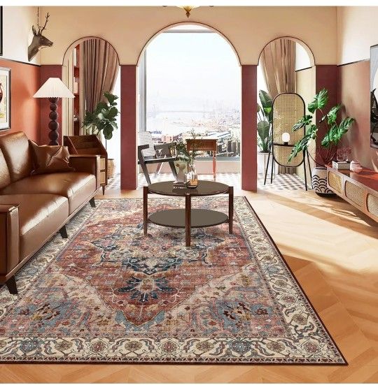Boho Area Rug 6x9 Washable Large Vintage Rug for Living Room Bedroom Office Kitchen Entrance Dining Room Non Slip Soft Low-Pile Farmhouse, Brickred/Mu