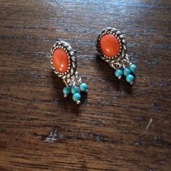 Southwestern Orange/Red Turquoise Dangle Earrings Sterling Silver