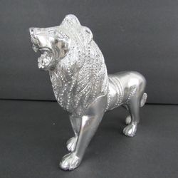 Majestic African Lion Roaring Cast Aluminum Silver Tone Statue 8 1/2" Length



