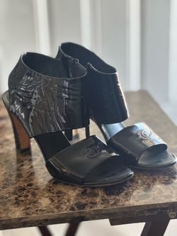 Chanel Black Patent Leather Open-Toe Heels