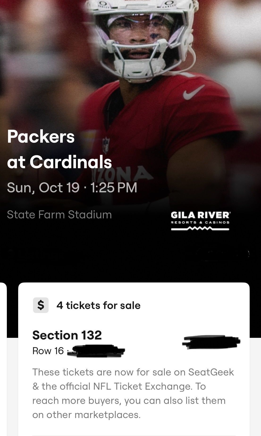4 Tickets Arizona Cardinals Vs Greenbay Packers (center)