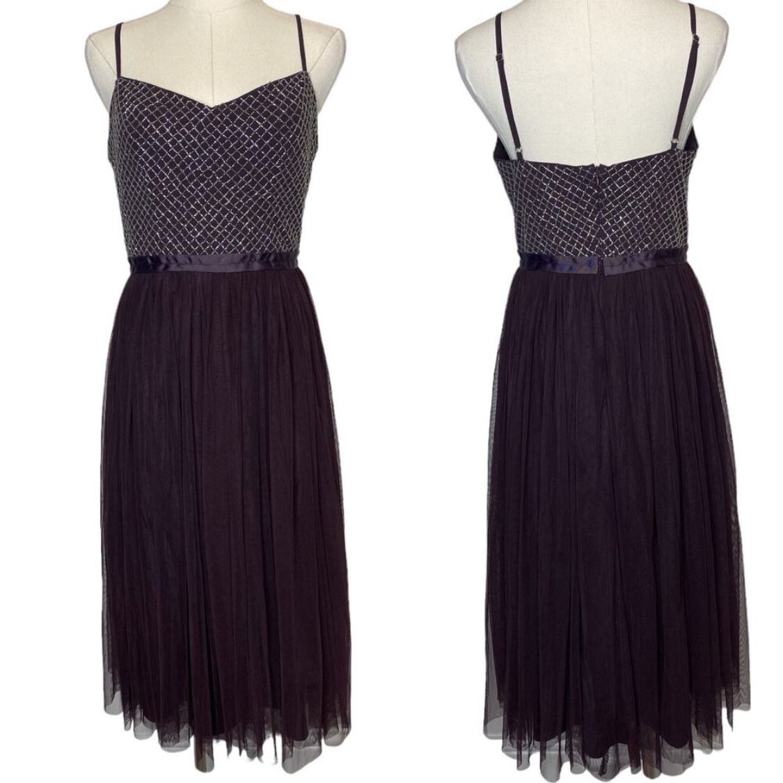 Needle & Thread Coppelia Ballet Midi Dress Beaded Spaghetti Strap Tulle Skirt Eggplant Purple size 8