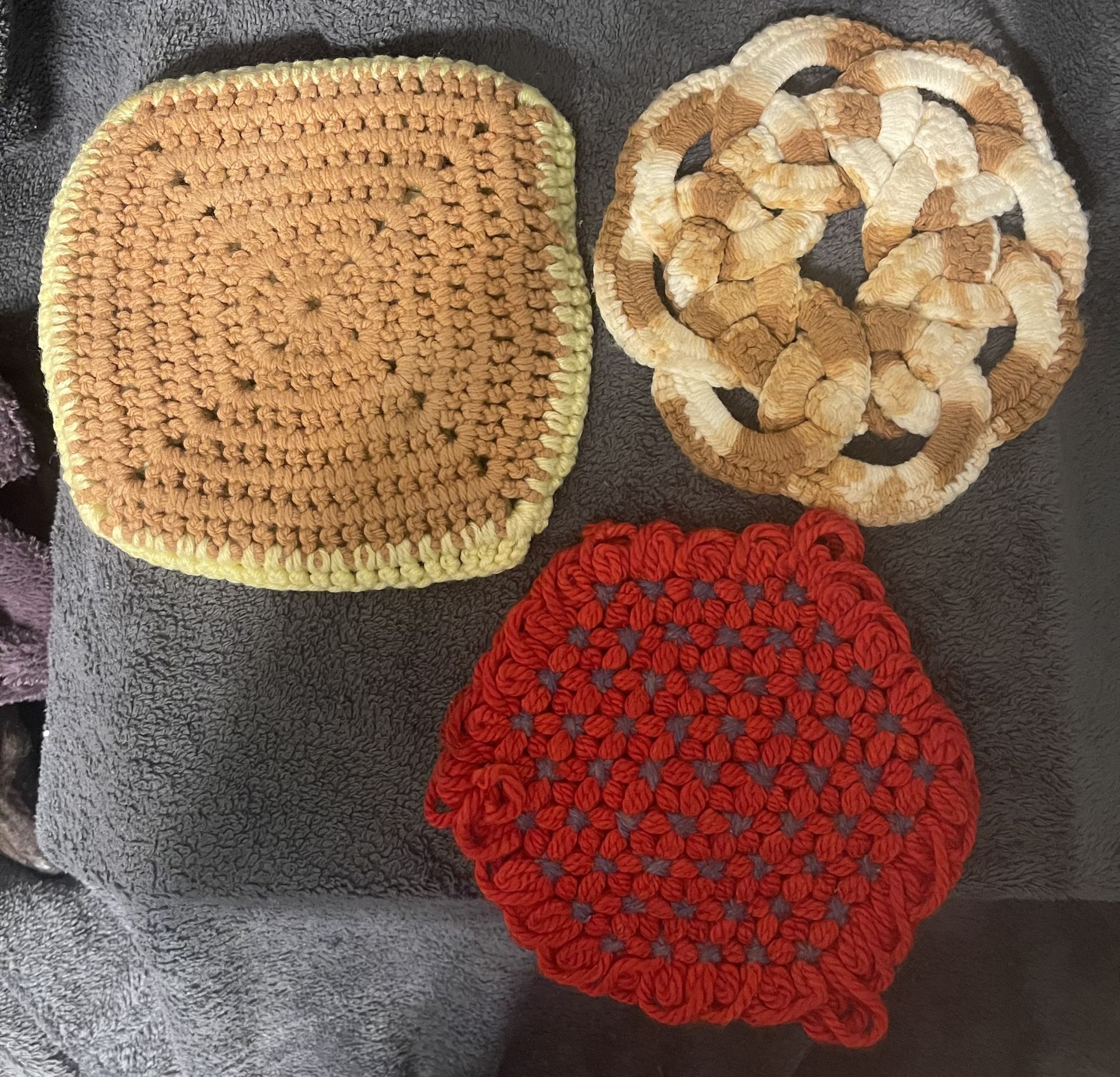Vintage Handmade Crocheted Or Knit Trivets Set of 3. 