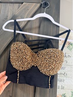 Elegant Black Rhinestone & Pearl Bustier Crop Top – Size S/M