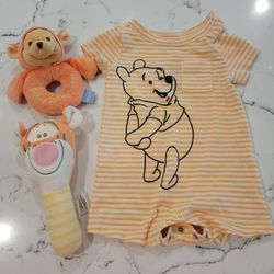 WINNIE THE POOH ONEIES AND 2 RATTLES SEE DESCRIPTION 