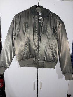 NWT Victorias Secret PINK SATIN ARMY GREEN BOMBER JACKET HOODIE SIZE SMALL