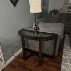 Walnut Color, Solid Wood- Console Half Moon Table.  Size  28” High X 40” Wide x 18” Deep. 