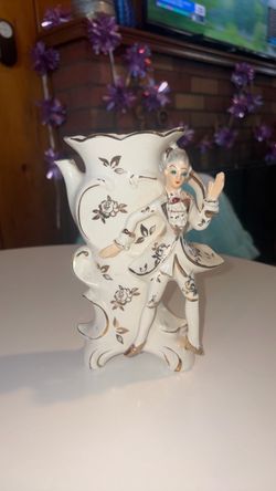 vintage mid-century porcelain spill vase featuring a Rococo-style with hand-painted gold floral accents and trim, commonly produced in Japan during th