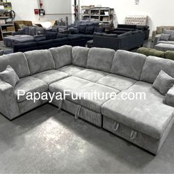 New! 120” Plush Large Sectional Sofa Bed, Grey Sectional Sofa Bed, Sleeper Sofa, Couch, Sectional, Pull-out Bed Sofa Couch, Sleeper Sofa, Light grey C