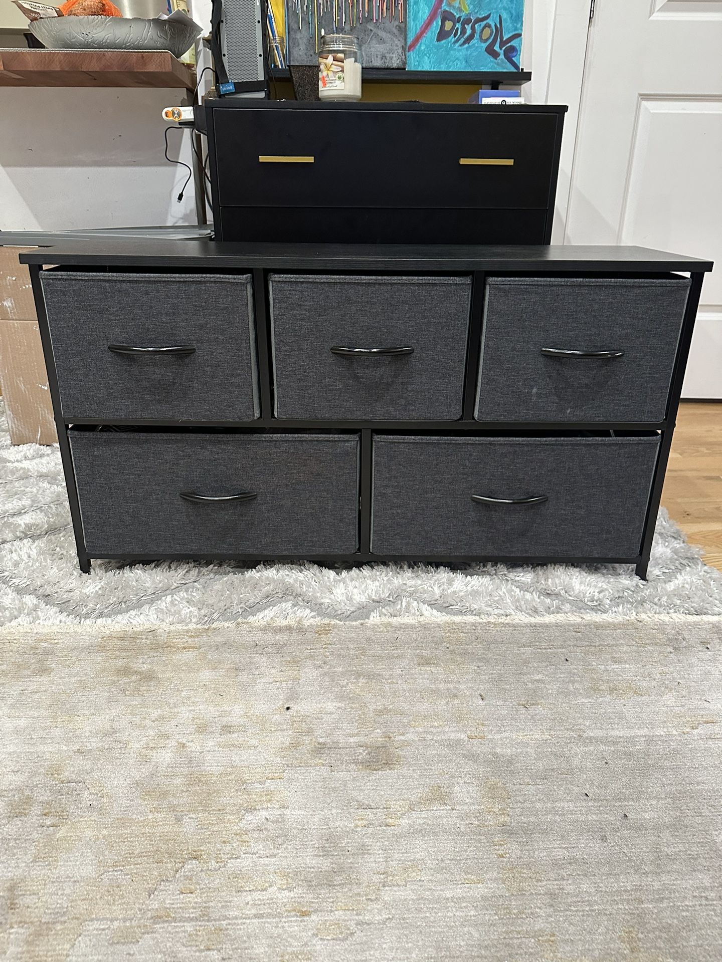 Grey/ Black Fabric Drawer Dresser With Wooden Top And Metal Frame 
