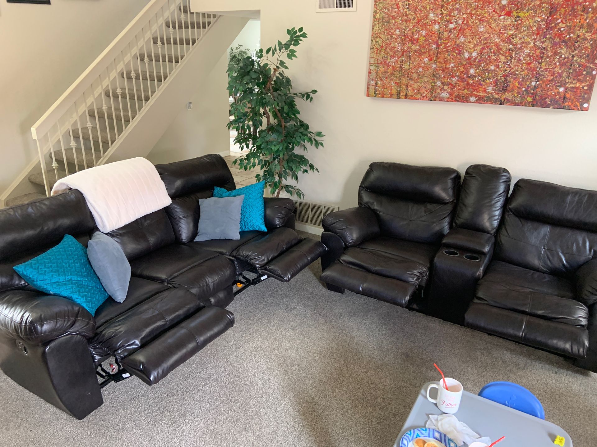 Dark Brown Couch Set, Reclining with Console and Cup Holders