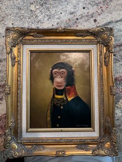 Vintage Signed Chimpanzee Oil Painting