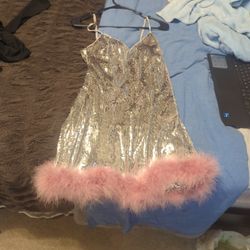 Silver Sequence Party Dress With Pink Fluff PICKUP ONLY!