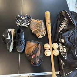 Complete set baseball/batting gloves, size 9.5 Nike cleats, baseball bat, and bag