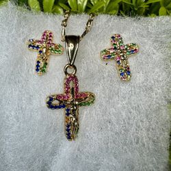 Gold Plated Cross Jesus  Christ crystal necklace earring Aretes Oro Laminado Cad
