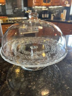 IKEA ARV BROLLOP Cake Stand Floral Pedestal Domed Lid Pressed Glass 11Wx9"H
