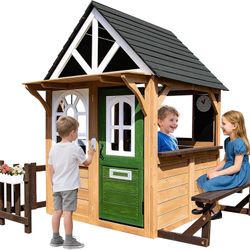 Kids Playhouse Outdoor,Cedar Gray Wooden Play House for Kids Ages 3-8,Interactive Doorbell, Kitchen Counter with Utensils, Sink, Window Boxes for Flow