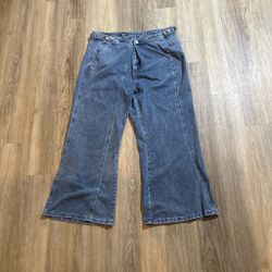 Blue denim wide leg jeans with a relaxed fit