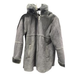 1 Madison Size Medium Faux Suede Fox Fur Trim Hooded Parka Coat Gray Long Women