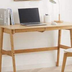 Writing Computer Desk 46" Bamboo Home Office Table with 2 Drawers, Modern Furniture 