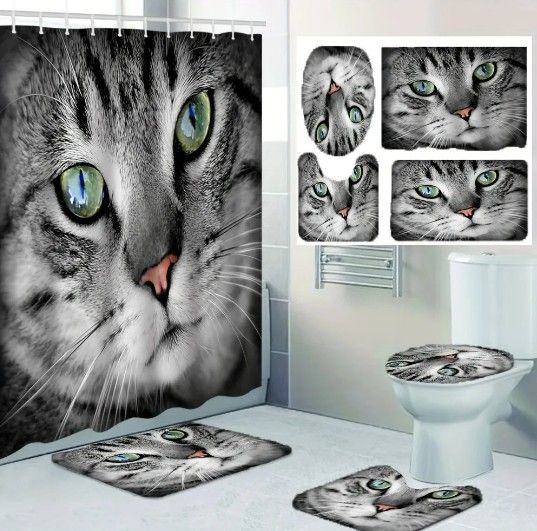 4-pcs. Tabby Cat Shower Curtain Set