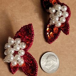 Vintage Handcrafted Red Sequin & Pearl Floral Earrings - Women Jewelry
