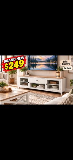 White TV Stand with Open Shelves and Drawer