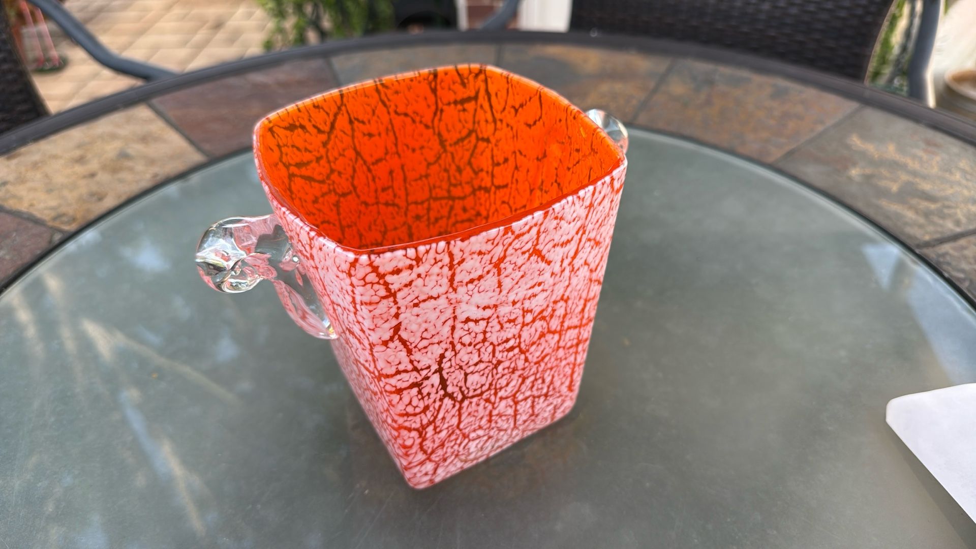 Orange Bucket With Handles, Or vase 6” Tall.