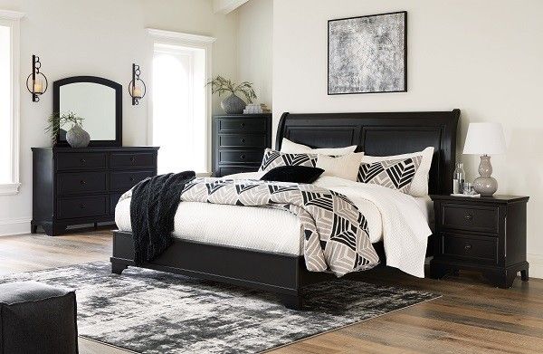 Black-7Pc Dresser-Mirror/Chest Queen Sleigh Bed 2 Nightstands