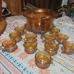 Vintage Indiana Harvest Stained Glass Punch Bowl Set