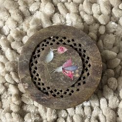 Vintage Marble Soapstone w/mother of pearl floral inlay trinket box, 4x1.25”