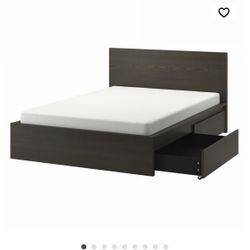 IKEA Queen Bed frame With Drawers High bed frame/2 storage boxes, dark brown veneer/Luröy, Queen