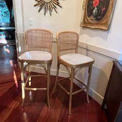 2 Vintage Bentwood And Rattan Countertop/Barstools