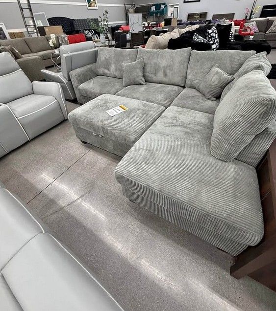 Beige Corduroy sectional sofa with Ottoman
