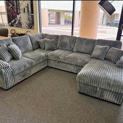 LARGE CAPACITY GREY BRAND NEW CORDUROY SECTIONAL SAME DAY DELIVERY 