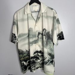 Y.T.G Yitai Landscape Waterpaint Short Sleeve Button Down Shirt Mens Medium Grey