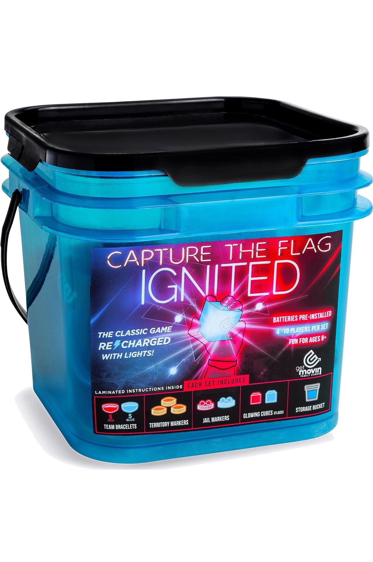 Capture The Flag Ignited Kit with Glow-in-The-Dark LED Game Pieces and Storage Bucket Outdoor Yard Game Fun!