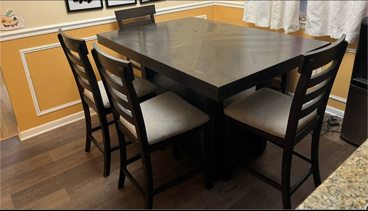 Extendable, Upholstered Dining Set with Storage Bench, counter height, plus 2 new chairs