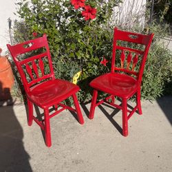 Pair Of Vtg.Solid Wood Red Chairs