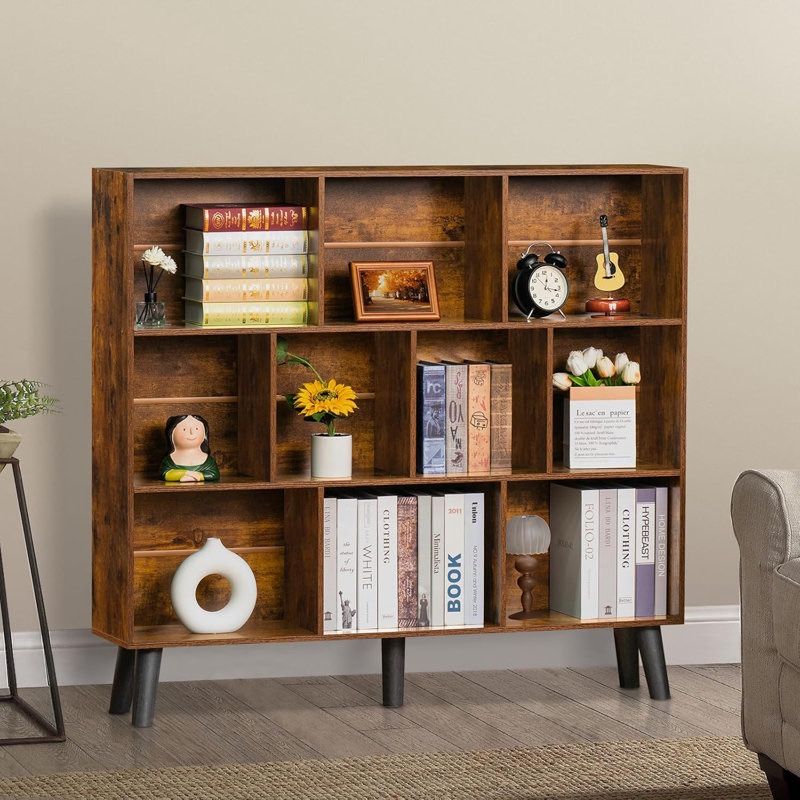 10 Cube Bookshelf,3 Tier Modern Wide Bookcase with Legs,Mid-Century Wood Bookshelves Storage