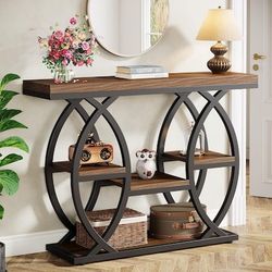 39.4 inch W Rustic Brown Cons ole Table with Storage Shel ves and Metal Frame
