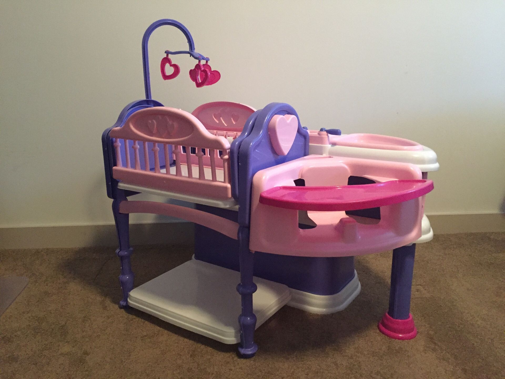 Baby doll changing station with high chair and crib for Sale in