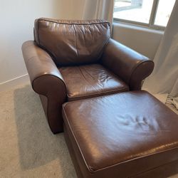 Genuine Brown Leather Accent Chair with Ottoman 