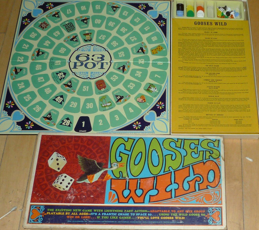 Vintage gooses Wild 1965 family board game from co-5 company. Includes box game board game pieces and instructions on inside cover