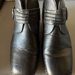 Boots/Shoes - Women’s Black Faux Leather With Silver  Buckle/Velcro Strap, Size 11M, Used, Good Condition  - Like New!