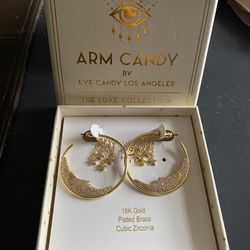 18k Gold Plated Bronze Cubic Crescent Moon & Stars Hoop Dangle Earrings
