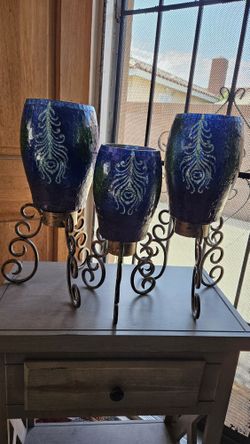 Mosaic Peacock Feather Candle Holder Attached to a Bronze Colored, Iro Set Of Three.
